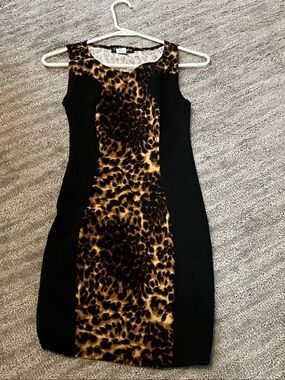 French Atmosphere Black Mini Dress with Leopard-Print Center